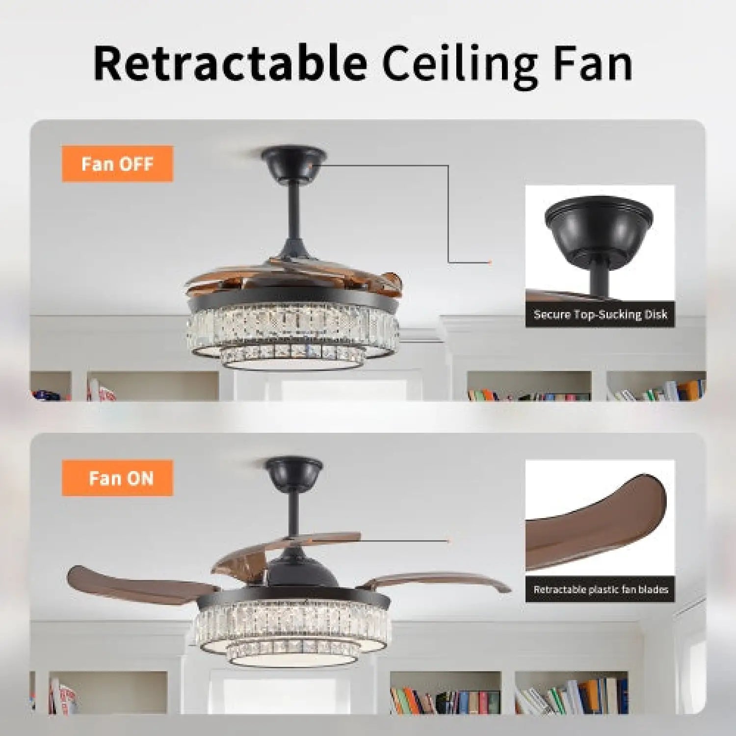 Modern Indoor Ceiling Fan with Retractable LED Light, Remote, and 4 Blades