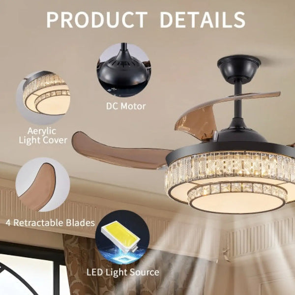 Modern Indoor Ceiling Fan with Retractable LED Light, Remote, and 4 Blades