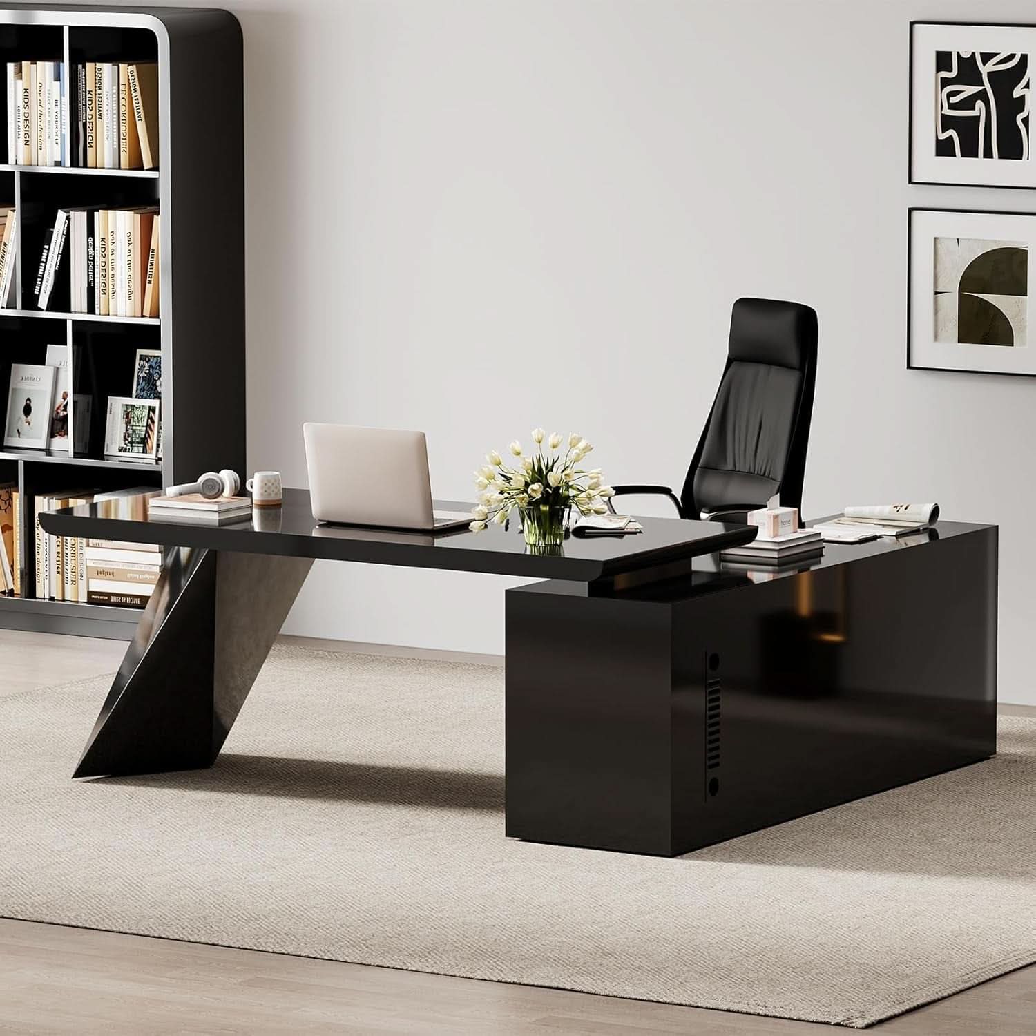Modern L Shape Executive Desk With Drawers And Cabinet