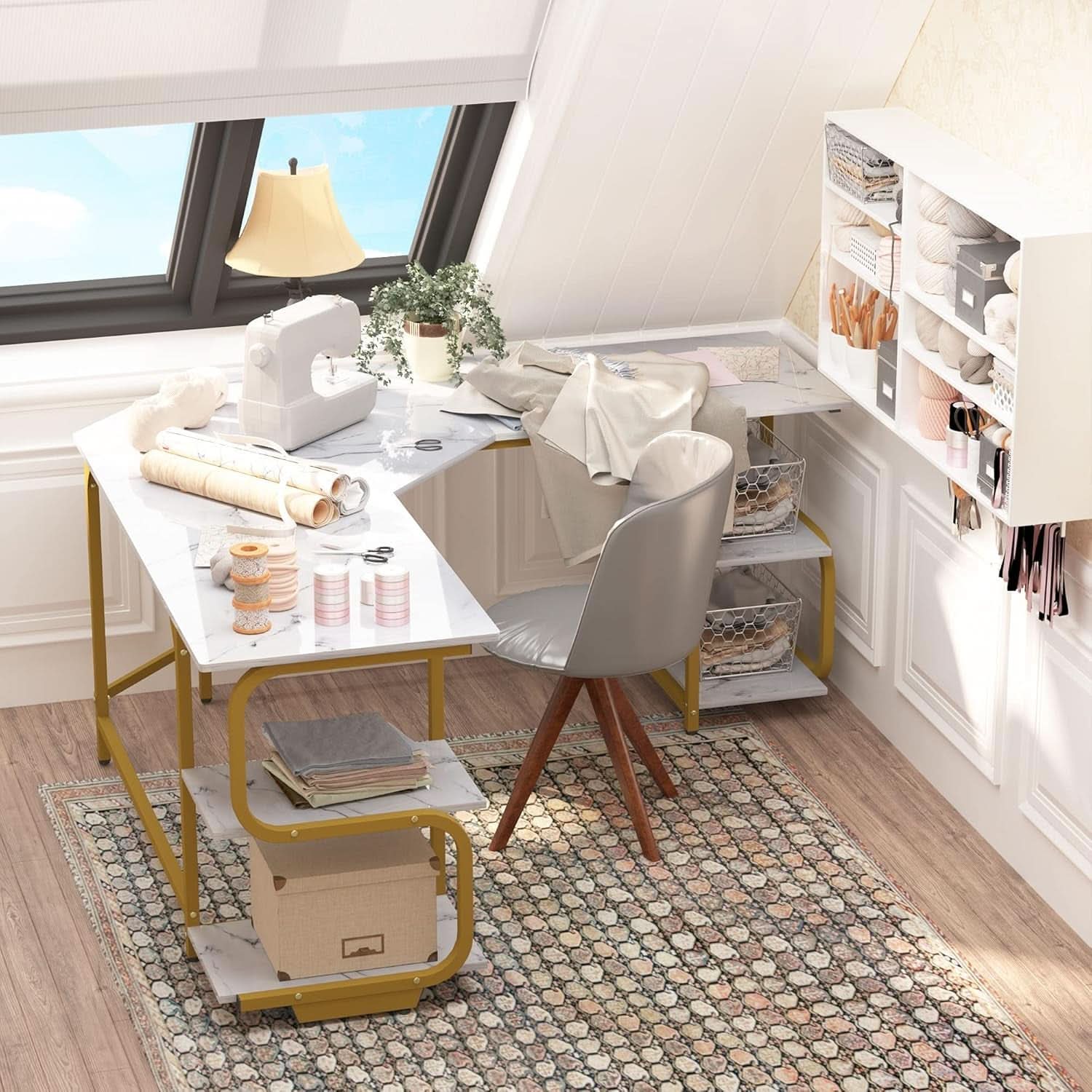 Modern L Shaped Desk with Large Shelves for Office
