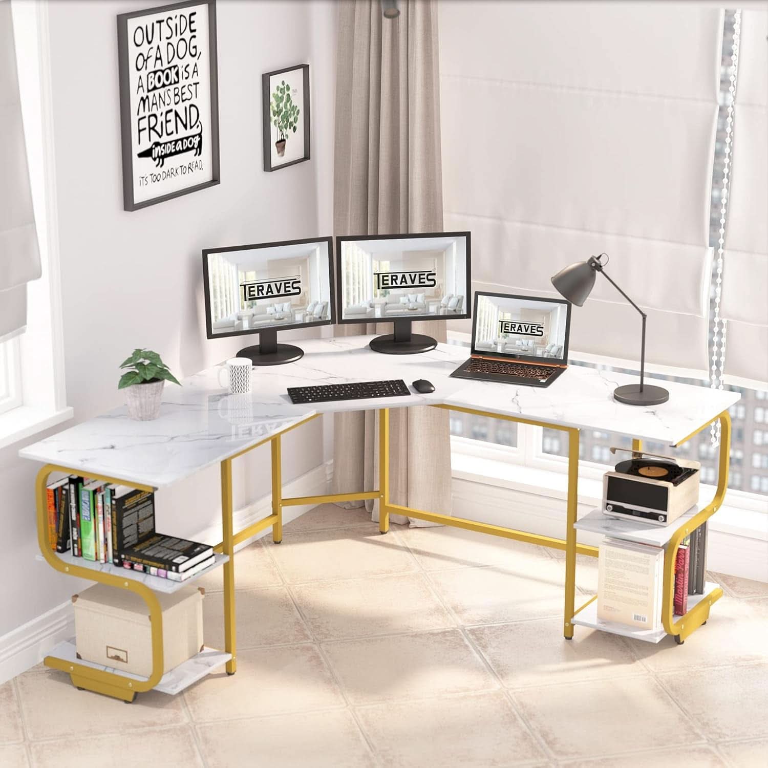 Modern L Shaped Desk with Large Shelves for Office