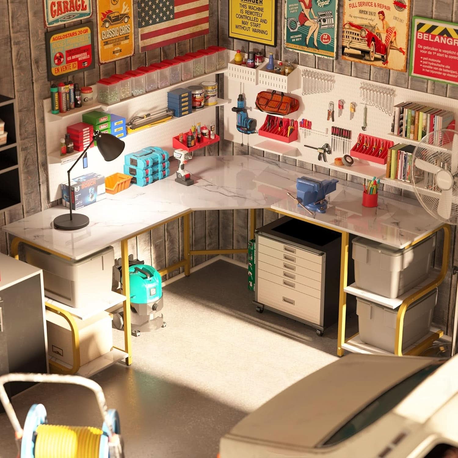 Modern L Shaped Desk with Large Shelves for Office