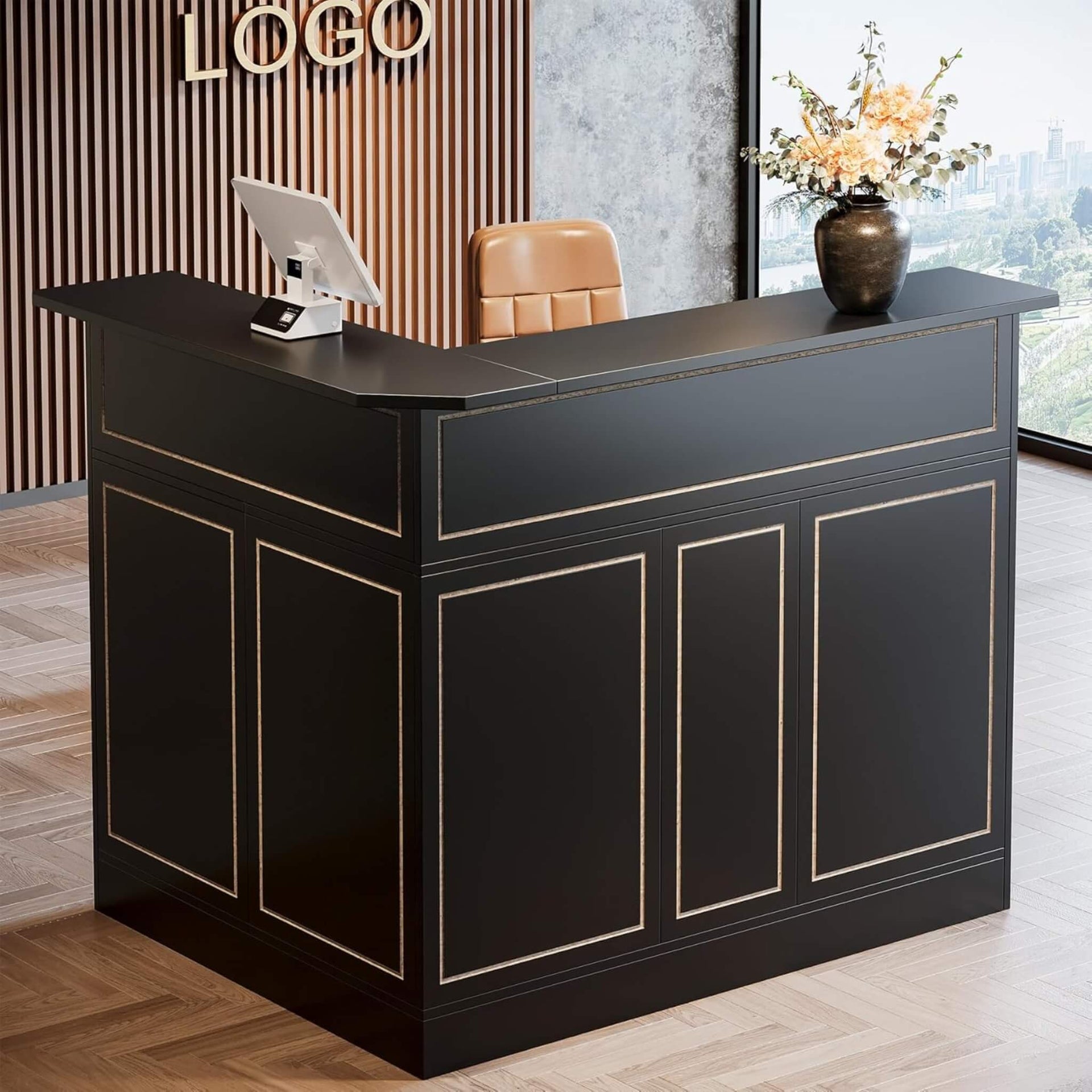 Modern L-Shaped Reception Desk With Storage Shelves (SAK81036)