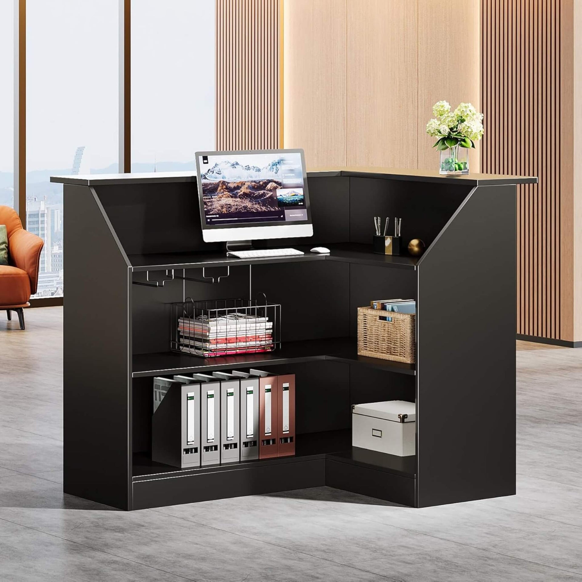 Modern L-Shaped Reception Desk With Storage Shelves (SAK81036)