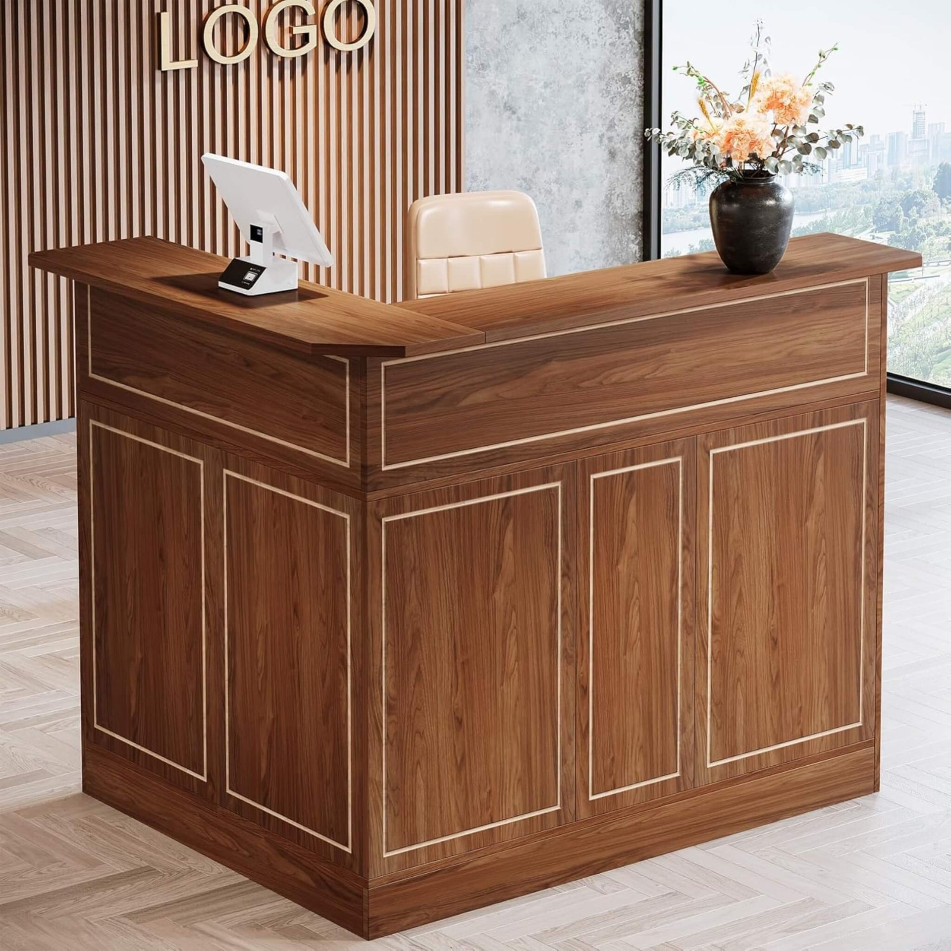 Modern L-Shaped Reception Desk With Storage Shelves (SAK81036)