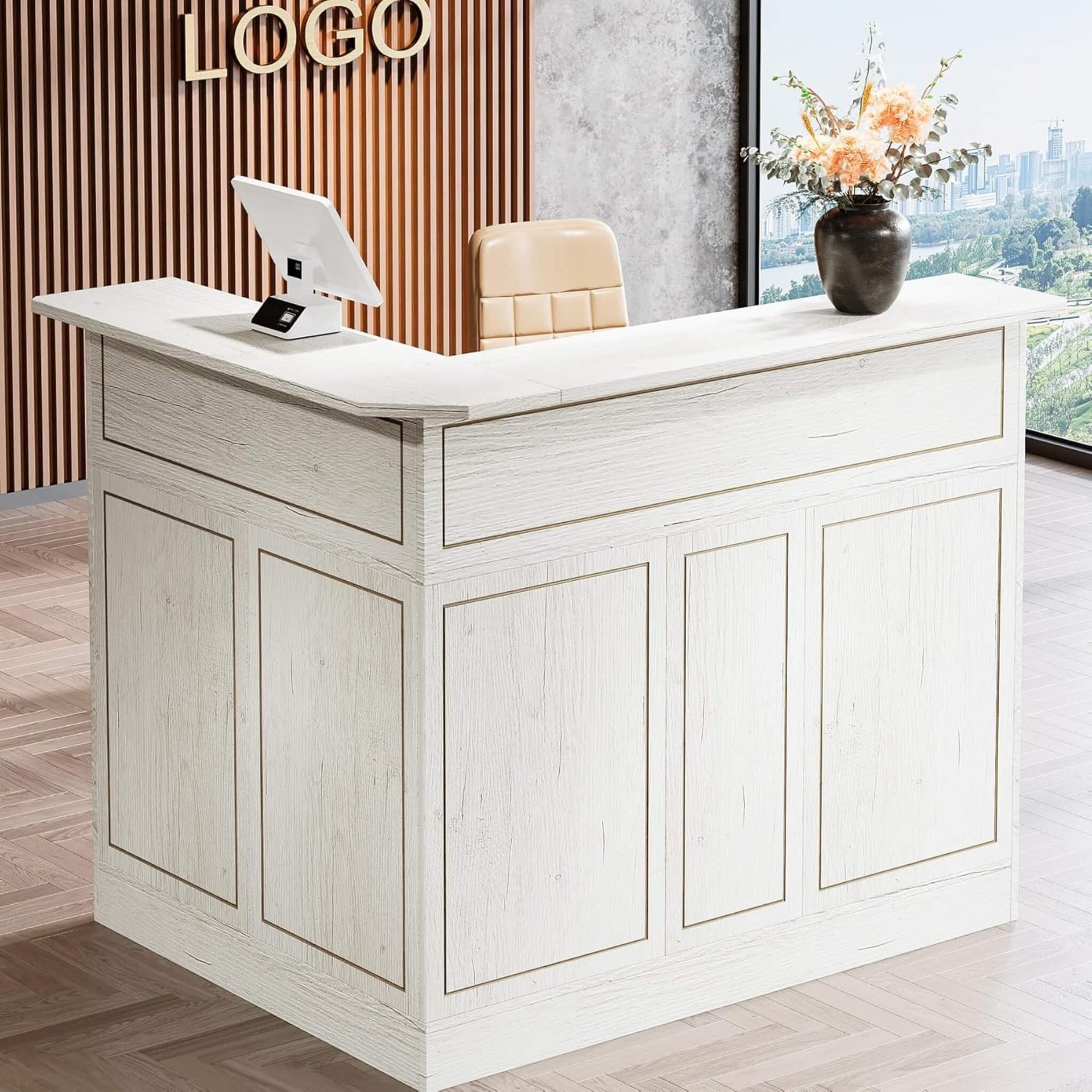 Modern L-Shaped Reception Desk With Storage Shelves (SAK81036)