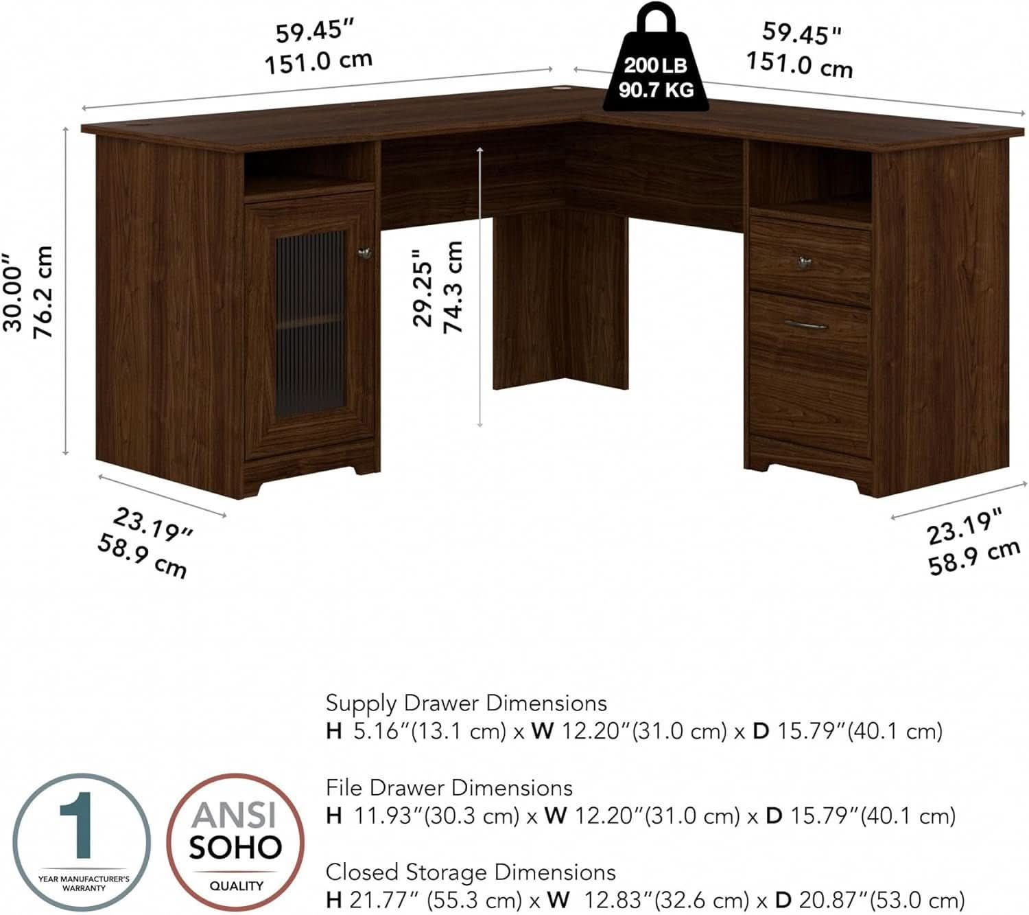 Modern Walnut L Shaped Computer Desk with Drawers
