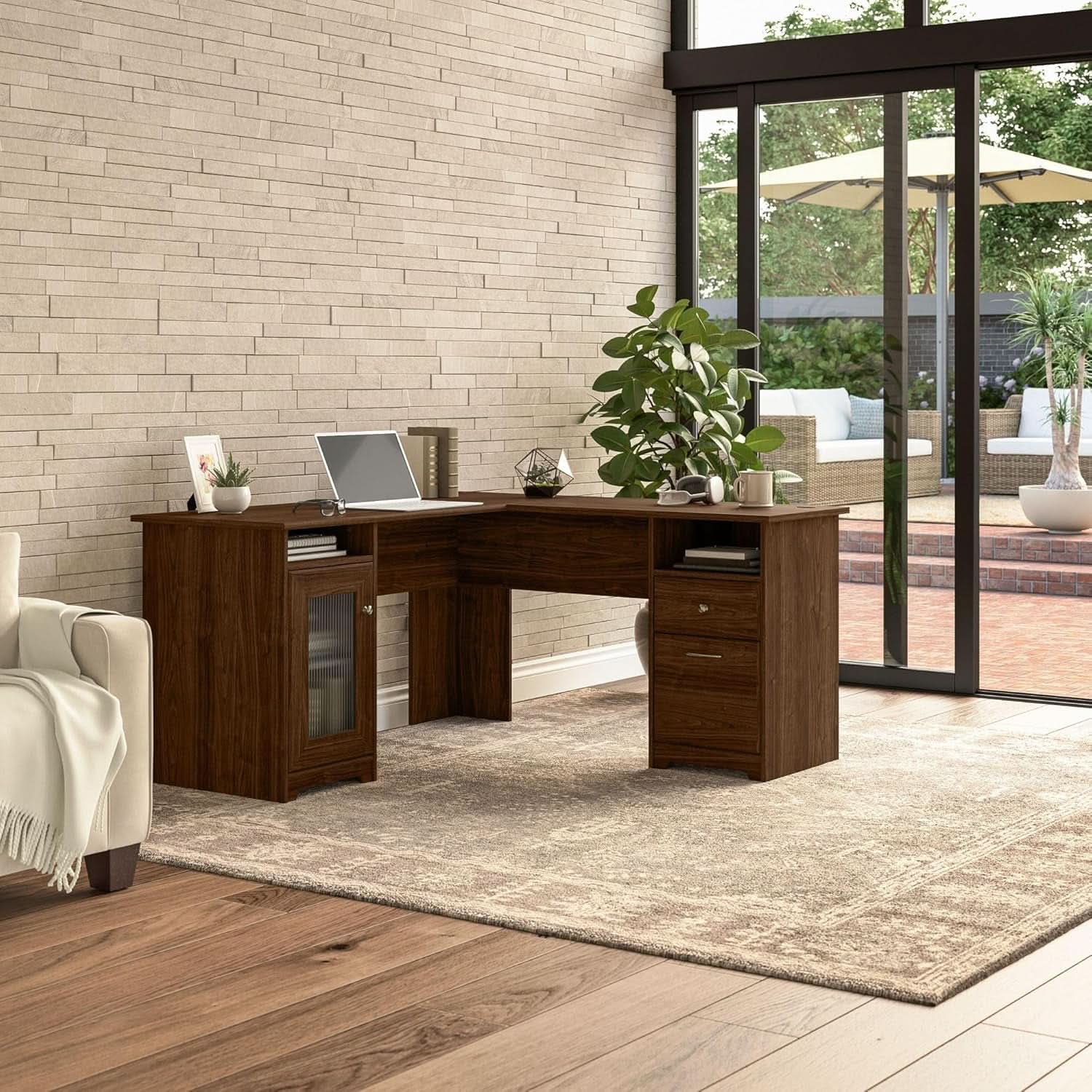 Modern Walnut L Shaped Computer Desk with Drawers