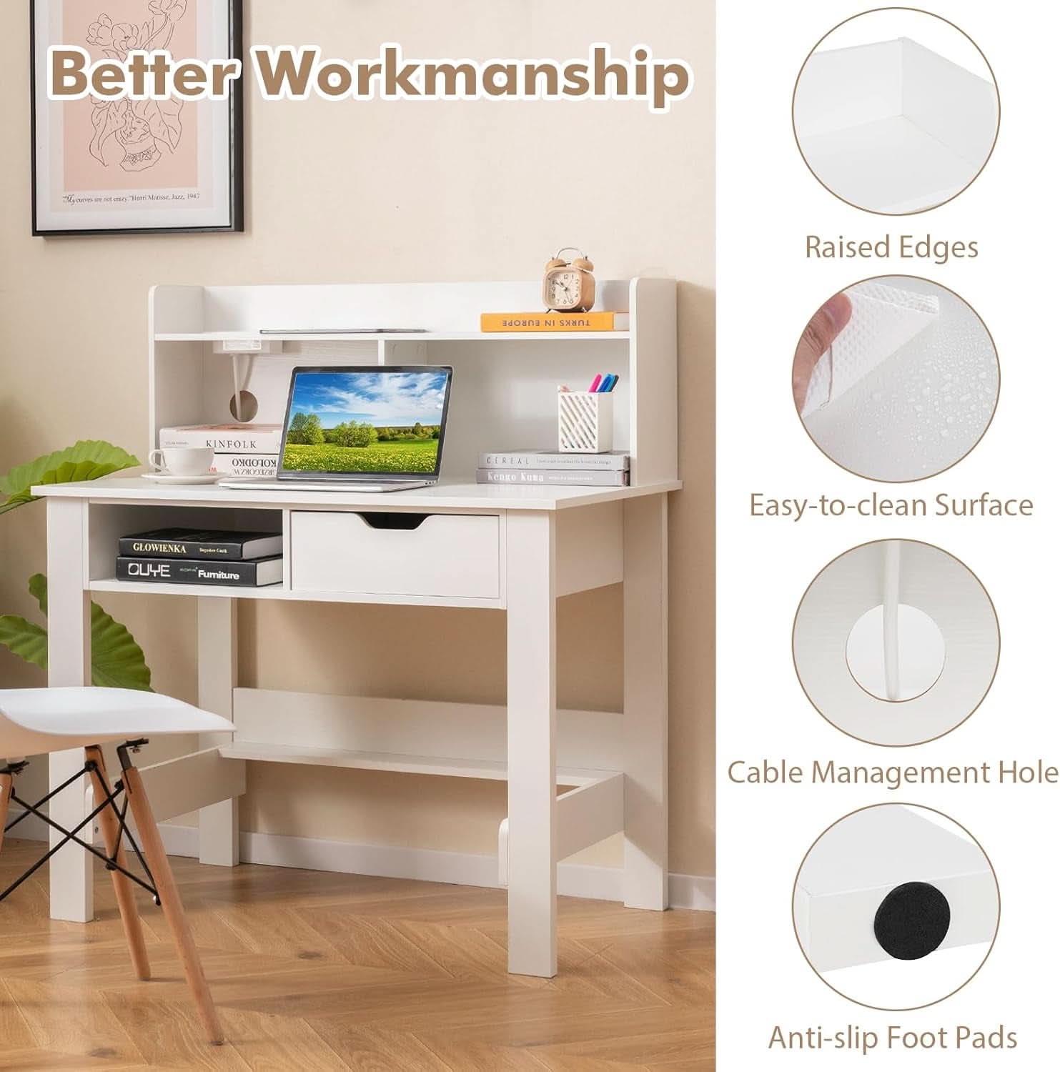 Modern White Computer Desk with Charging Ports and Storage
