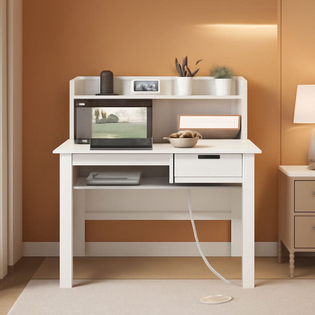 Modern White Computer Desk with Charging Ports and Storage