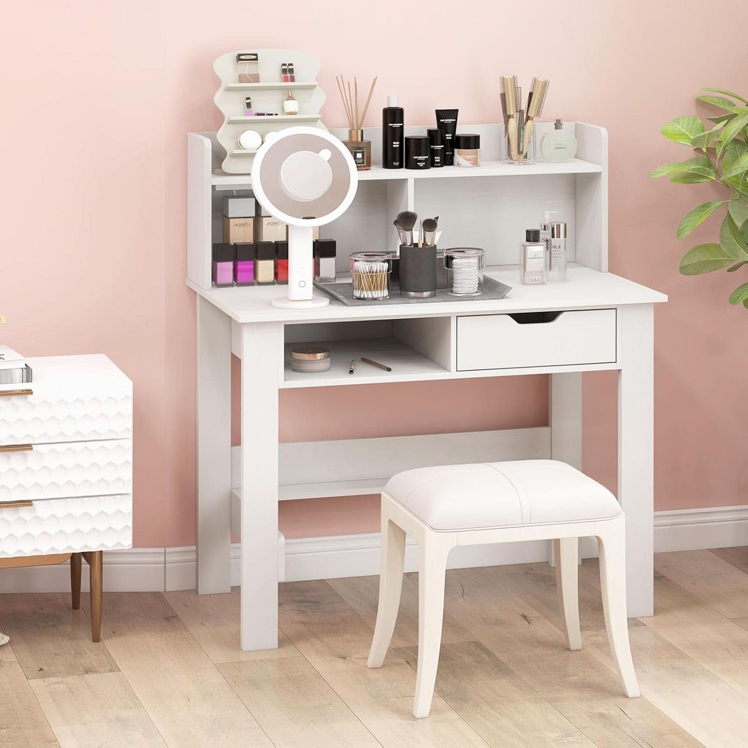 Modern White Computer Desk with Charging Ports and Storage