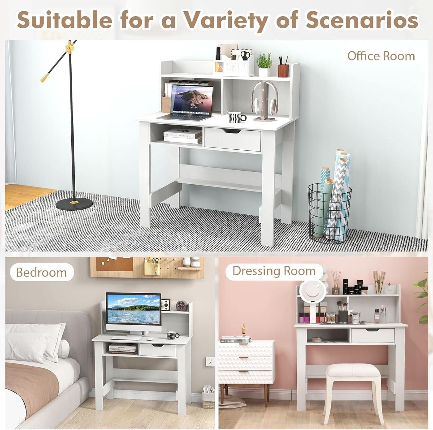 Modern White Computer Desk with Charging Ports and Storage