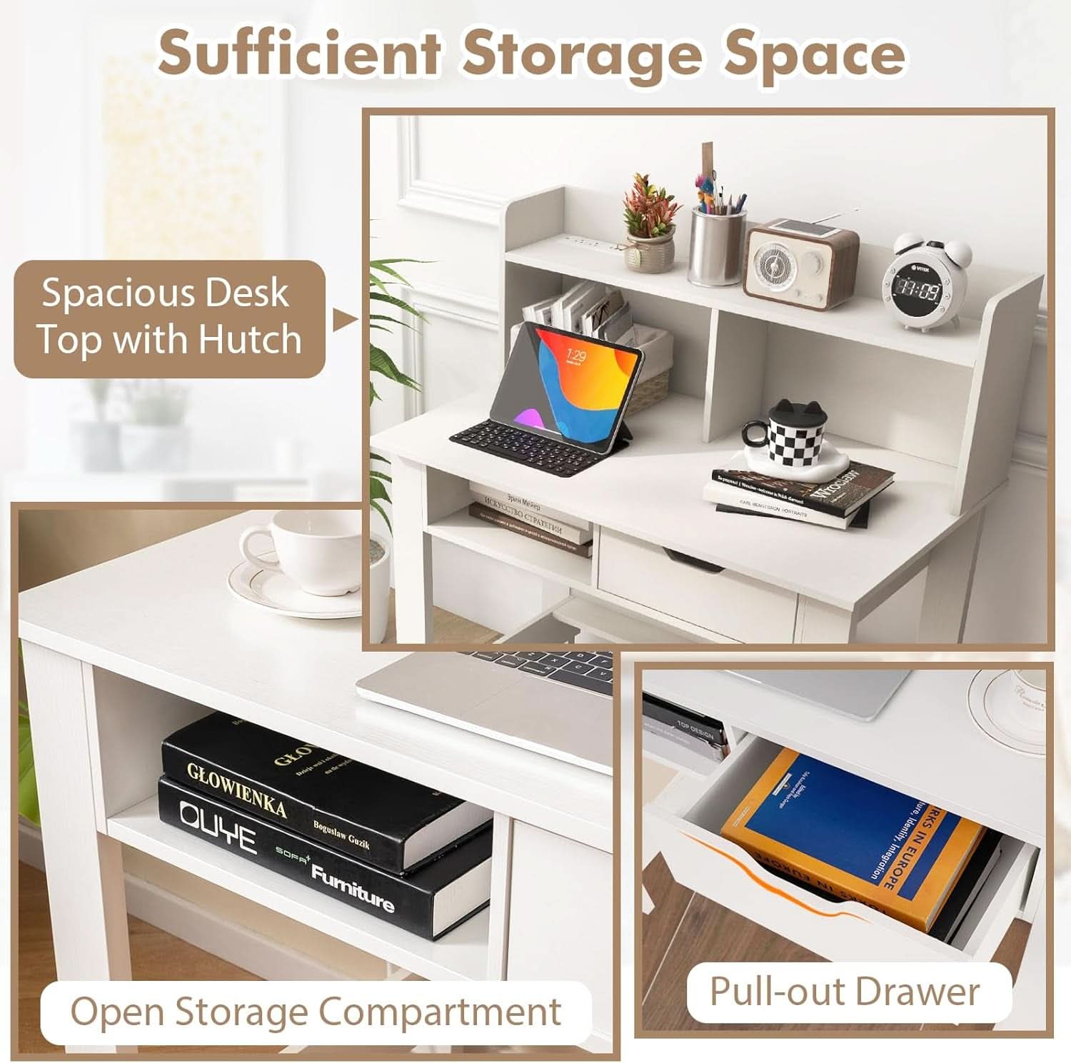 Modern White Computer Desk with Charging Ports and Storage