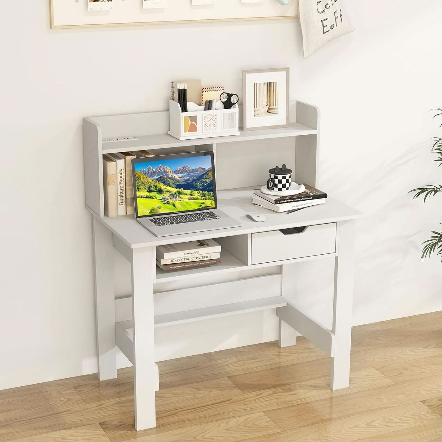 Modern White Computer Desk with Charging Ports and Storage