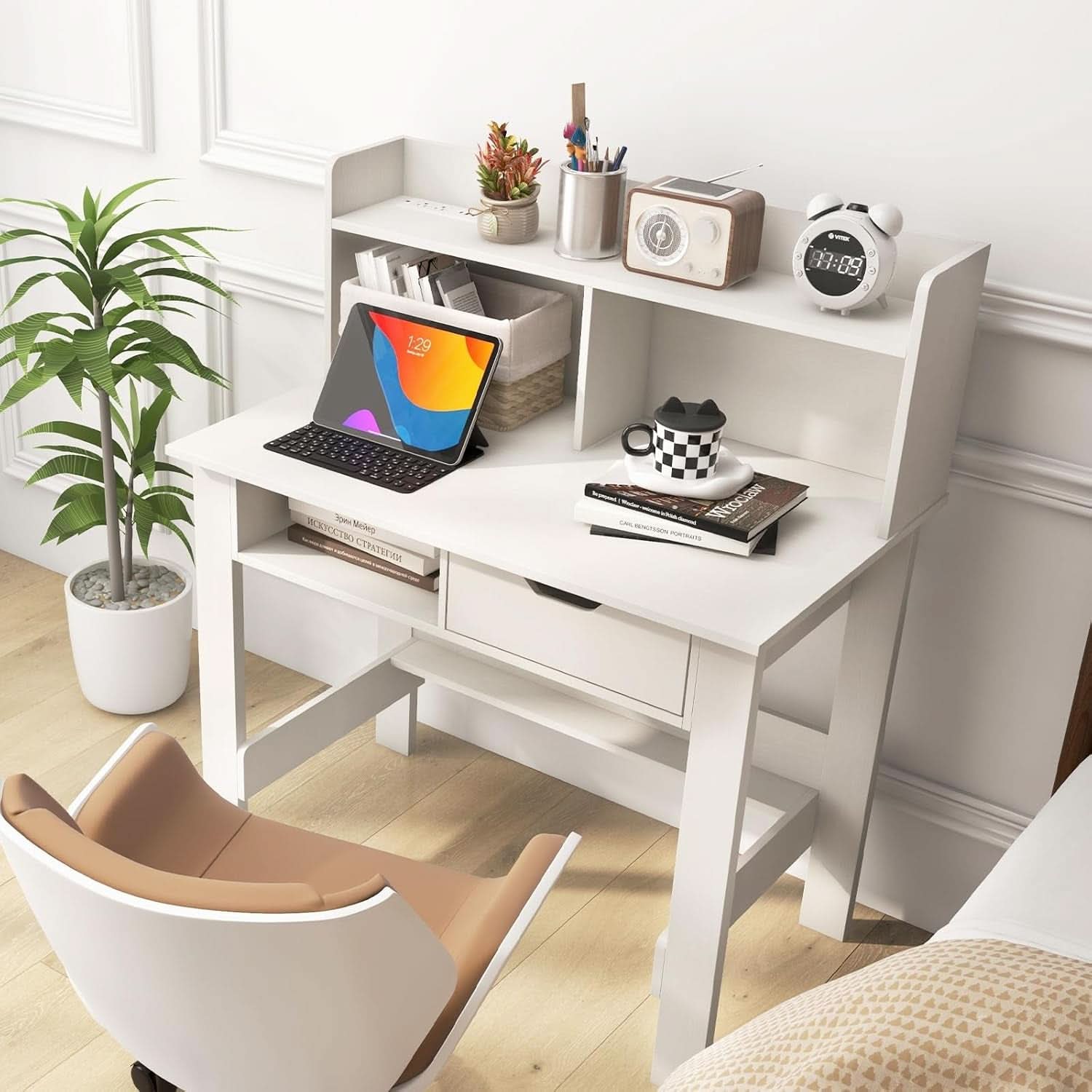 Modern White Computer Desk with Charging Ports and Storage