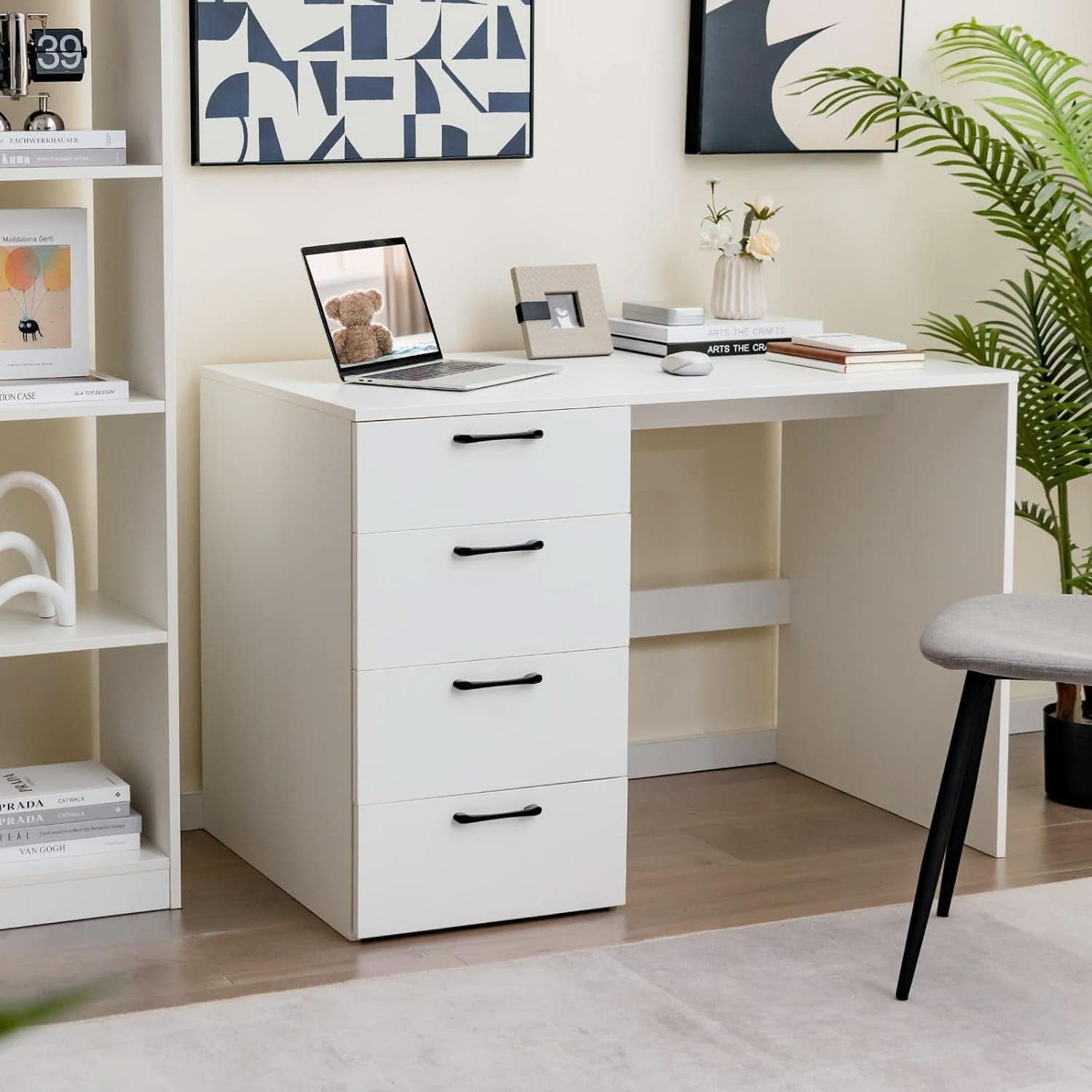 Modern White Computer Desk With Four Spacious Drawers