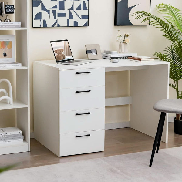 Modern White Computer Desk With Four Spacious Drawers