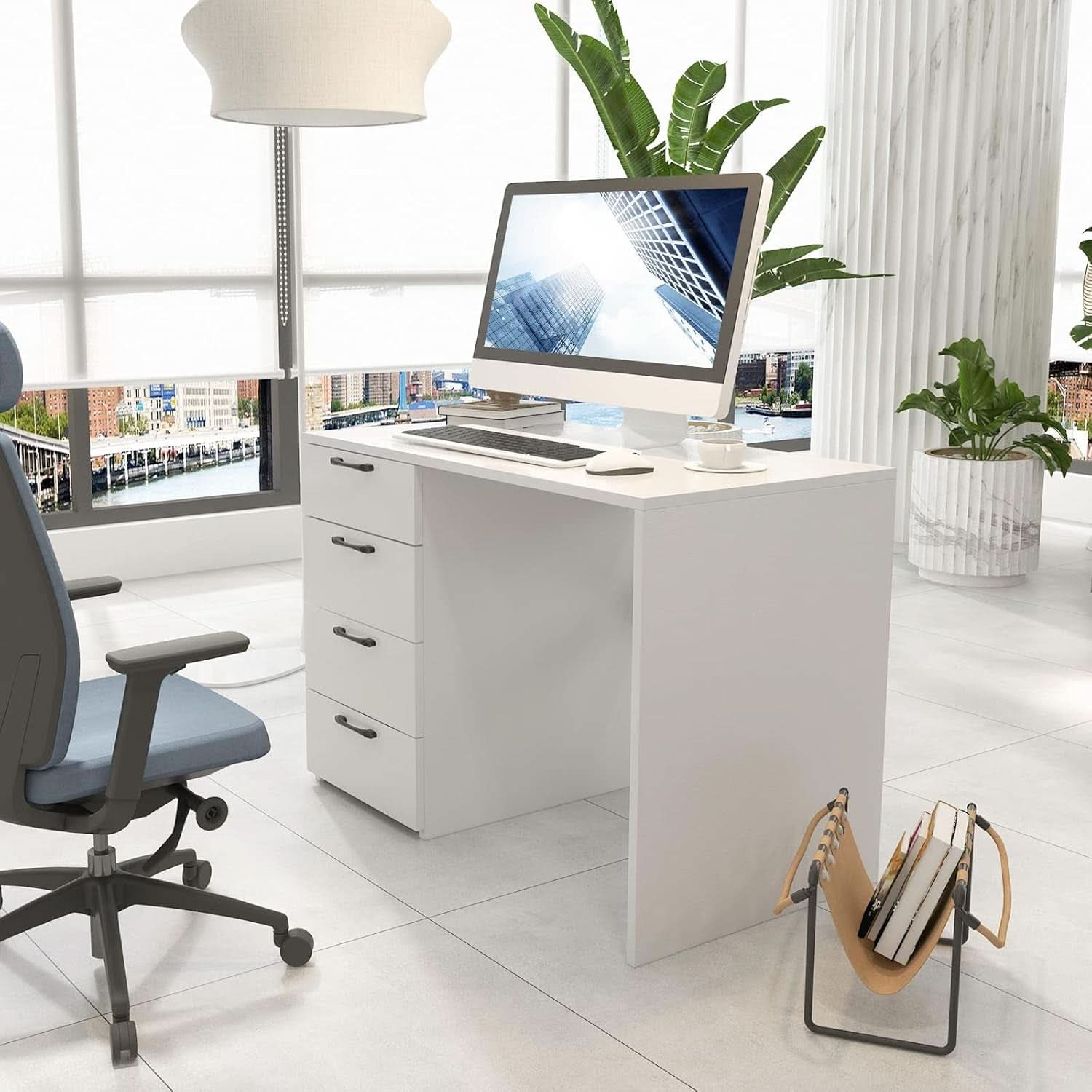Modern White Computer Desk With Four Spacious Drawers