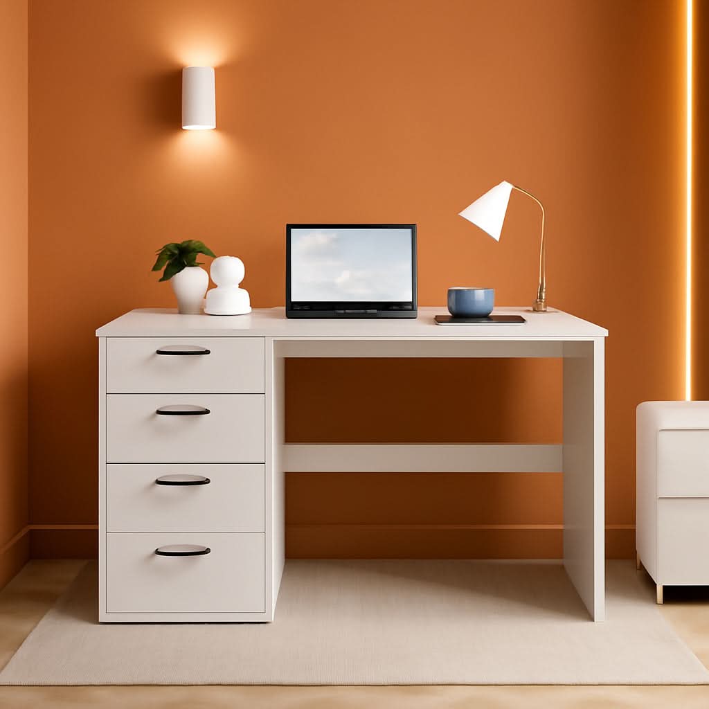 Modern White Computer Desk With Four Spacious Drawers