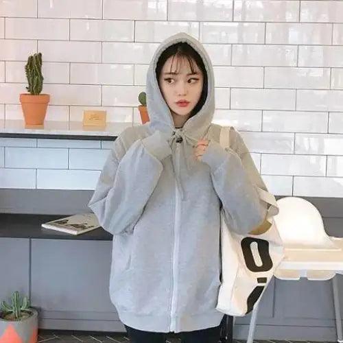 Modern With Hat Hoodies Women  Kangaroo Pocket Casual Loose Solid Color Sweatshirt Female  Fashion New Female Tops Sports Clothing Oversized Zip Hooded Sweatshirt Cotton Women Autumn Hoodie