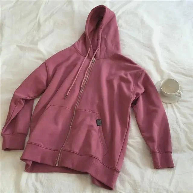 Modern With Hat Hoodies Women  Kangaroo Pocket Casual Loose Solid Color Sweatshirt Female  Fashion New Female Tops Sports Clothing Oversized Zip Hooded Sweatshirt Cotton Women Autumn Hoodie