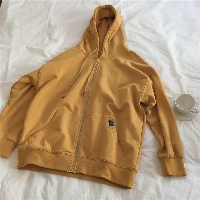 Modern With Hat Hoodies Women  Kangaroo Pocket Casual Loose Solid Color Sweatshirt Female  Fashion New Female Tops Sports Clothing Oversized Zip Hooded Sweatshirt Cotton Women Autumn Hoodie