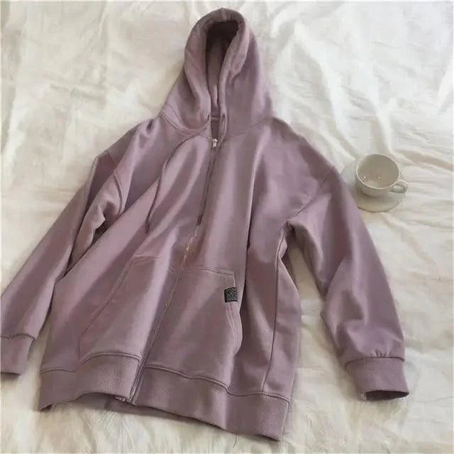Modern With Hat Hoodies Women  Kangaroo Pocket Casual Loose Solid Color Sweatshirt Female  Fashion New Female Tops Sports Clothing Oversized Zip Hooded Sweatshirt Cotton Women Autumn Hoodie