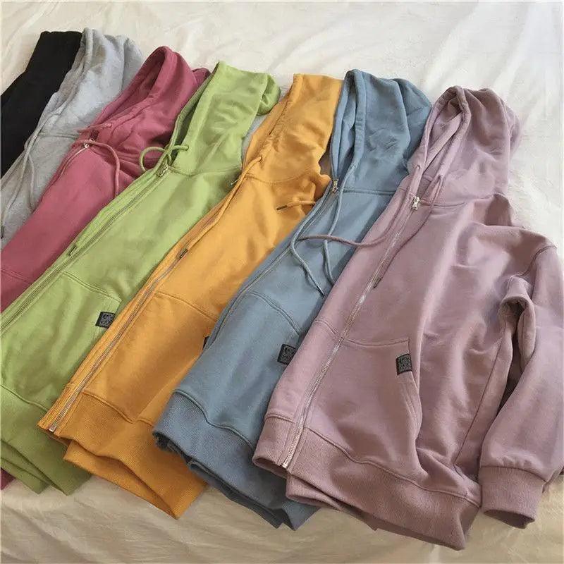Modern With Hat Hoodies Women  Kangaroo Pocket Casual Loose Solid Color Sweatshirt Female  Fashion New Female Tops Sports Clothing Oversized Zip Hooded Sweatshirt Cotton Women Autumn Hoodie