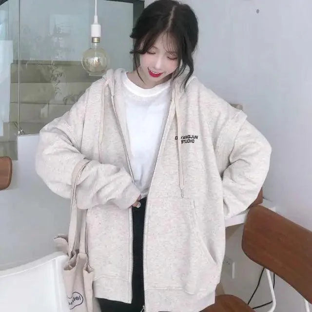 Modern With Hat Hoodies Women  Kangaroo Pocket Casual Loose Solid Color Sweatshirt Female  Fashion New Female Tops Sports Clothing Oversized Zip Hooded Sweatshirt Cotton Women Autumn Hoodie