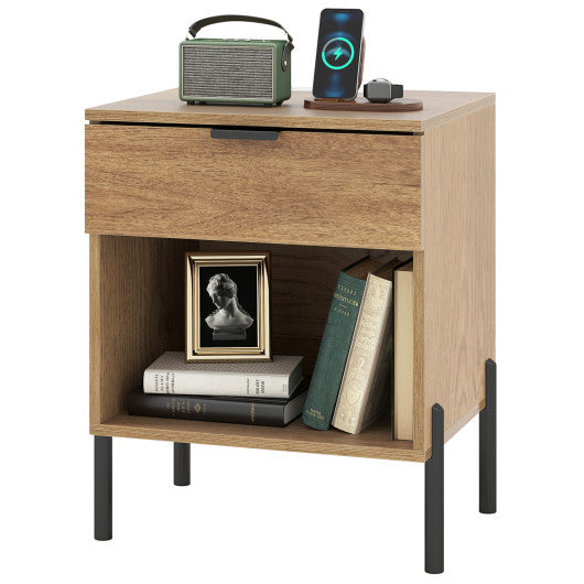 Modern Nightstand with Charging Station-Natural