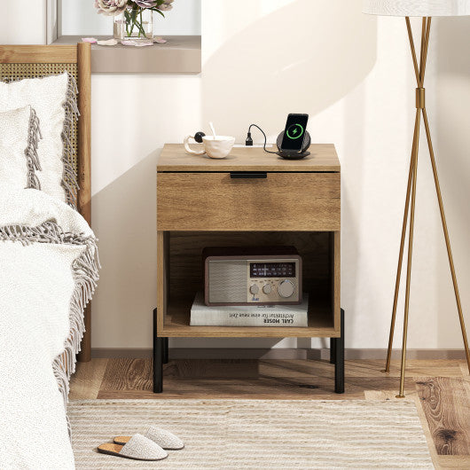 Modern Nightstand with Charging Station-Natural