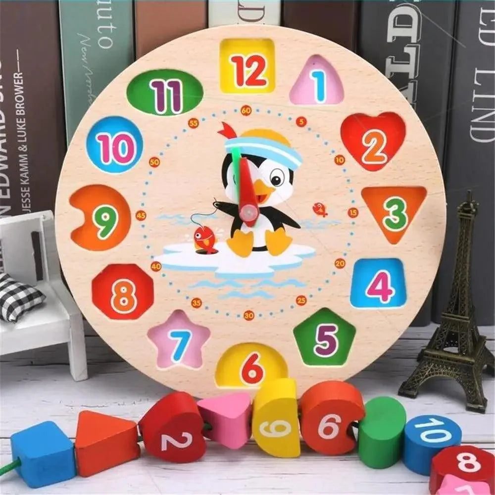 Montessori Cartoon Animal Educational Wooden Beaded Geometry  Digital Clock Puzzles Matching Clock Toy For Children