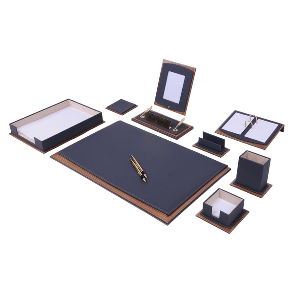 MOOG Star Leather Desk Set -Walnut Wood Combination - Brown -11 PCS