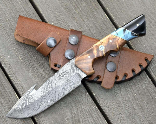 Morph Gut Hook Hunting Knife with Exotic Olive Wood & Turquoise Handle - Gifts for You 'n Me