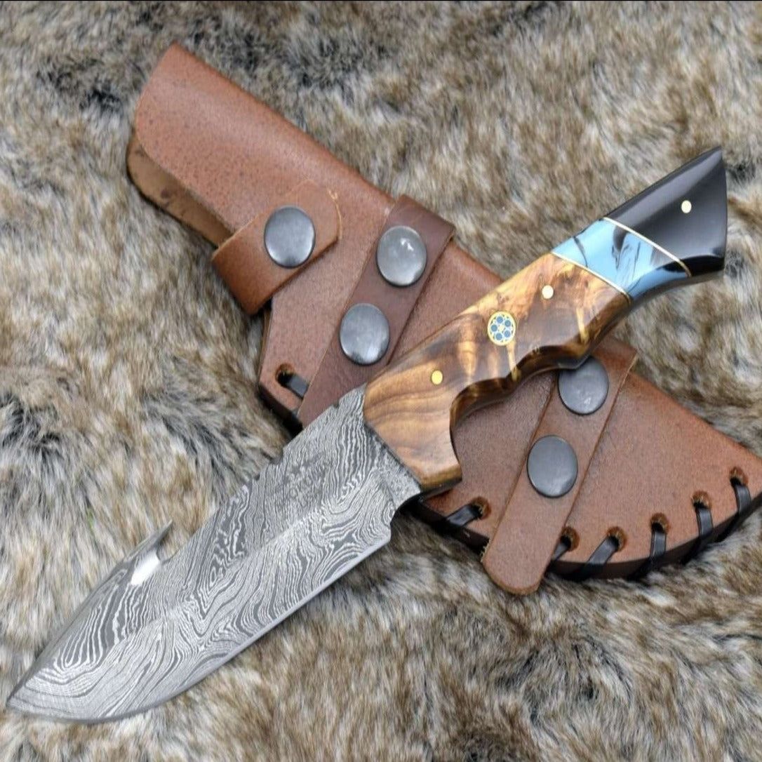 Morph Gut Hook Hunting Knife with Exotic Olive Wood & Turquoise Handle