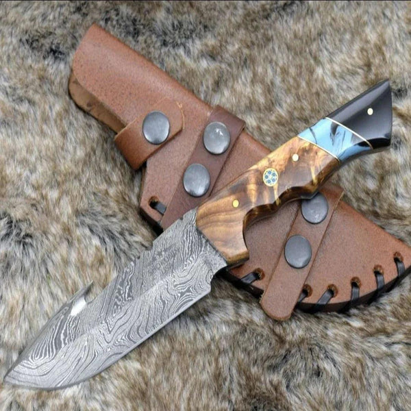 Morph Gut Hook Hunting Knife with Exotic Olive Wood & Turquoise Handle - Gifts for You 'n Me