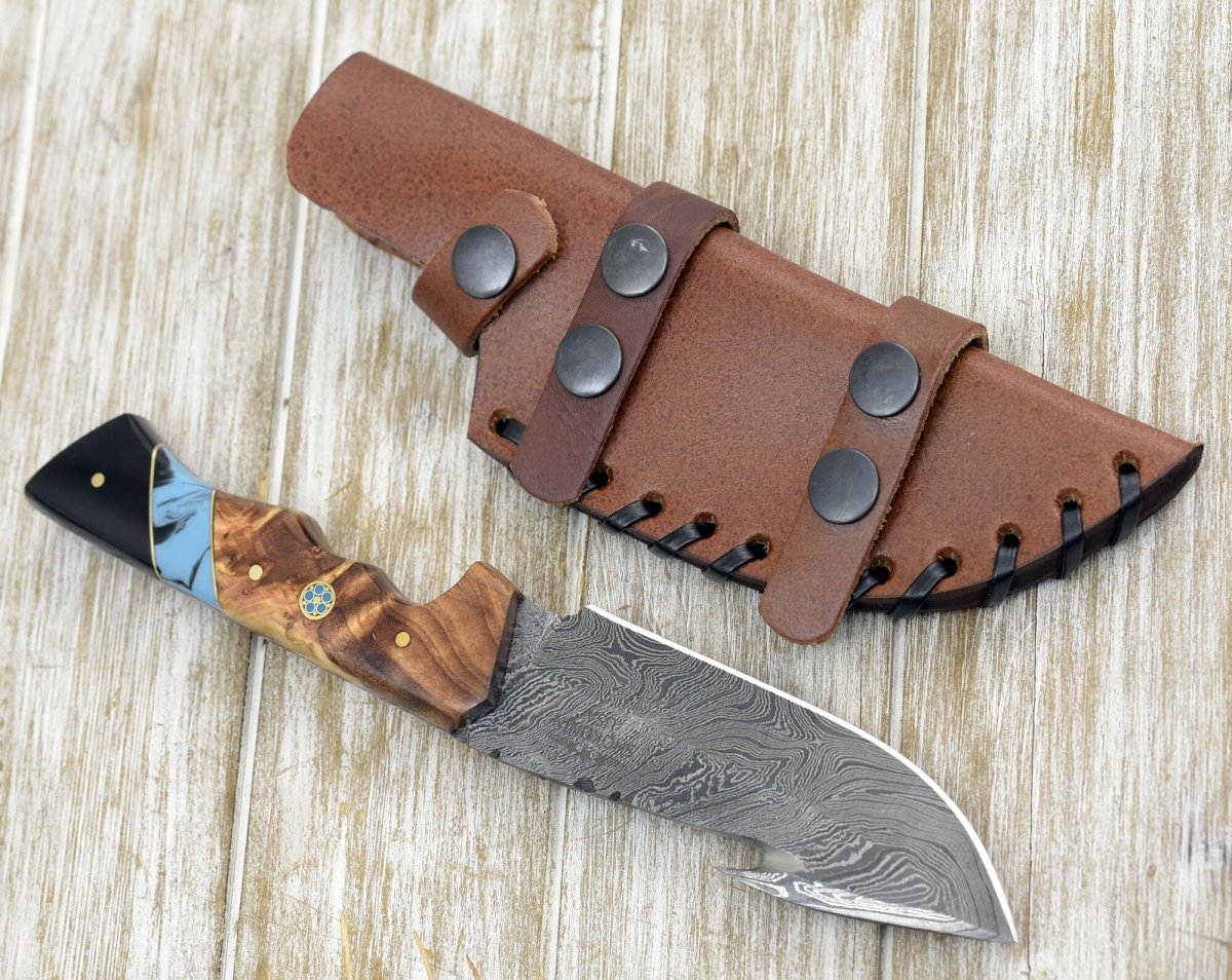 Morph Gut Hook Hunting Knife with Exotic Olive Wood & Turquoise Handle