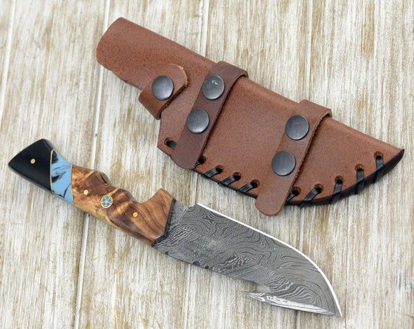 Morph Gut Hook Hunting Knife with Exotic Olive Wood & Turquoise Handle - Gifts for You 'n Me