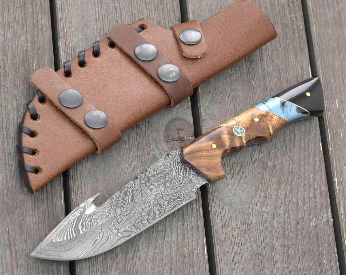 Morph Gut Hook Hunting Knife with Exotic Olive Wood & Turquoise Handle