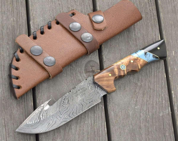 Morph Gut Hook Hunting Knife with Exotic Olive Wood & Turquoise Handle - Gifts for You 'n Me