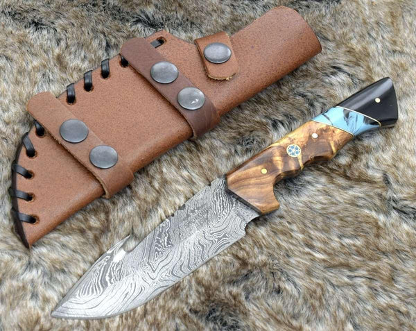 Morph Gut Hook Hunting Knife with Exotic Olive Wood & Turquoise Handle - Gifts for You 'n Me