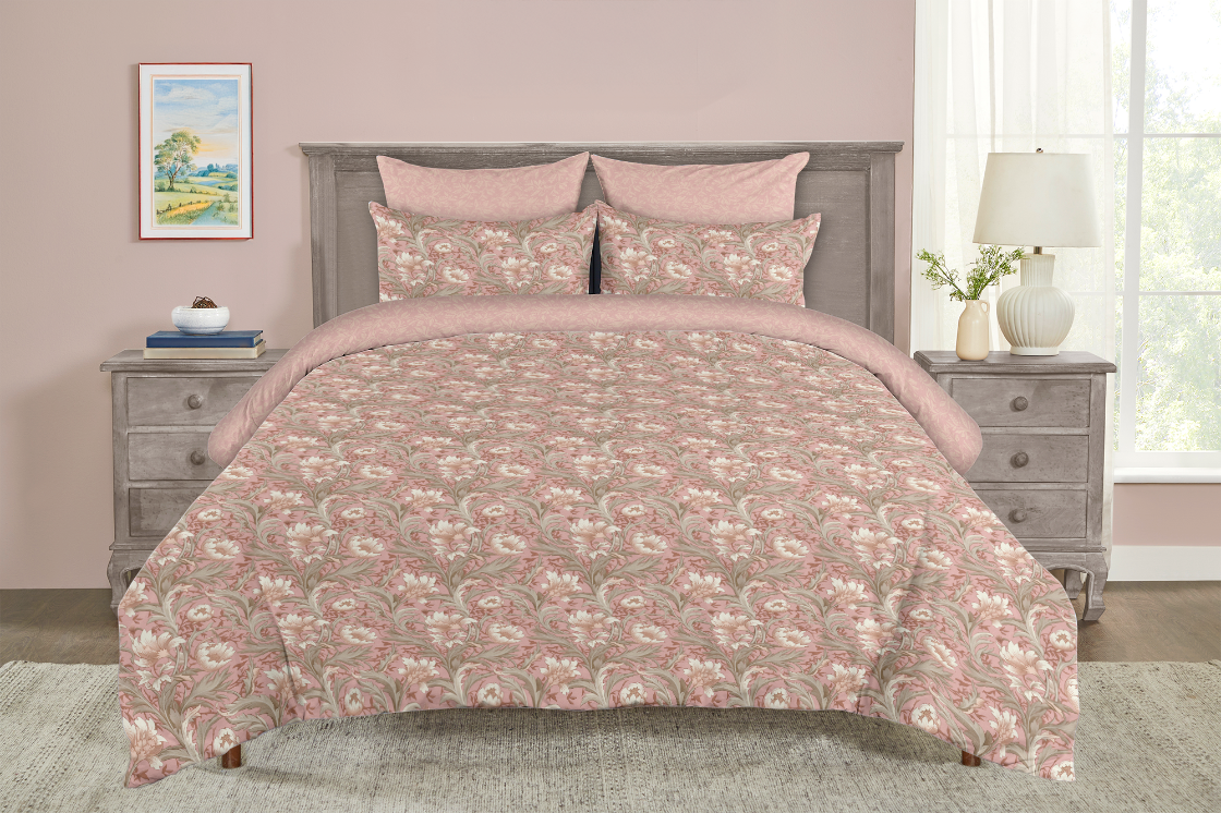 5 Piece Reversible Duvet Cover Set | Cotton Blend | Blush & Grey Floral - William Morris Inspired Collection