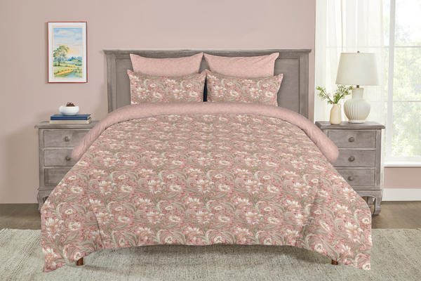 5 Piece Reversible Duvet Cover Set | Cotton Blend | Blush & Grey Floral - William Morris Inspired Collection