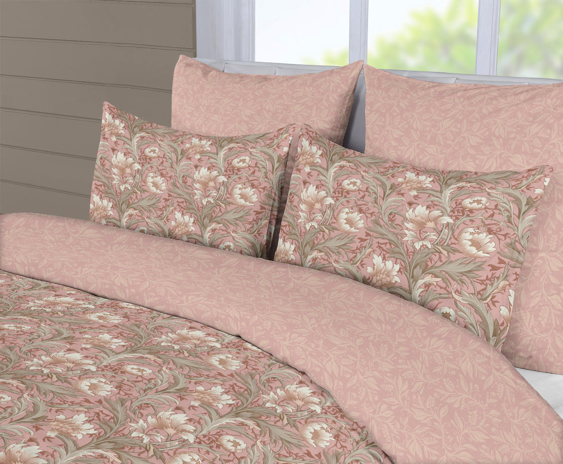 5 Piece Reversible Duvet Cover Set | Cotton Blend | Blush & Grey Floral - William Morris Inspired Collection