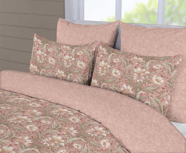 5 Piece Reversible Duvet Cover Set | Cotton Blend | Blush & Grey Floral - William Morris Inspired Collection