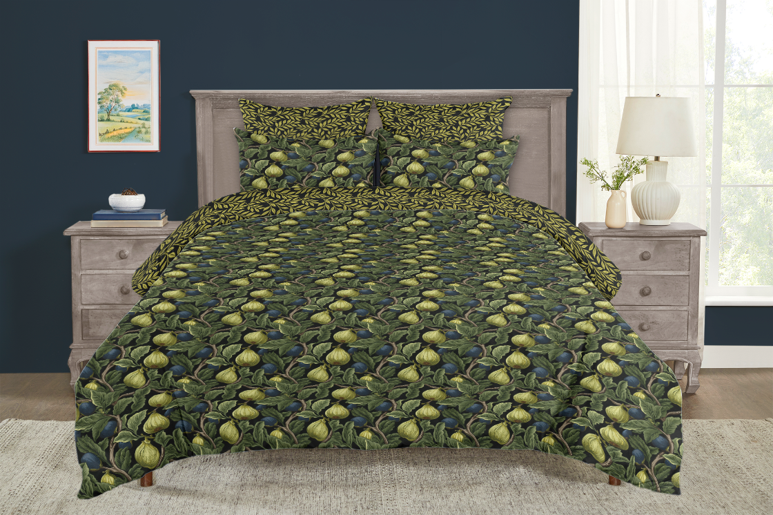 5 Piece Reversible Duvet Cover Set | Cotton Blend | Green Figs - William Morris Inspired Collection