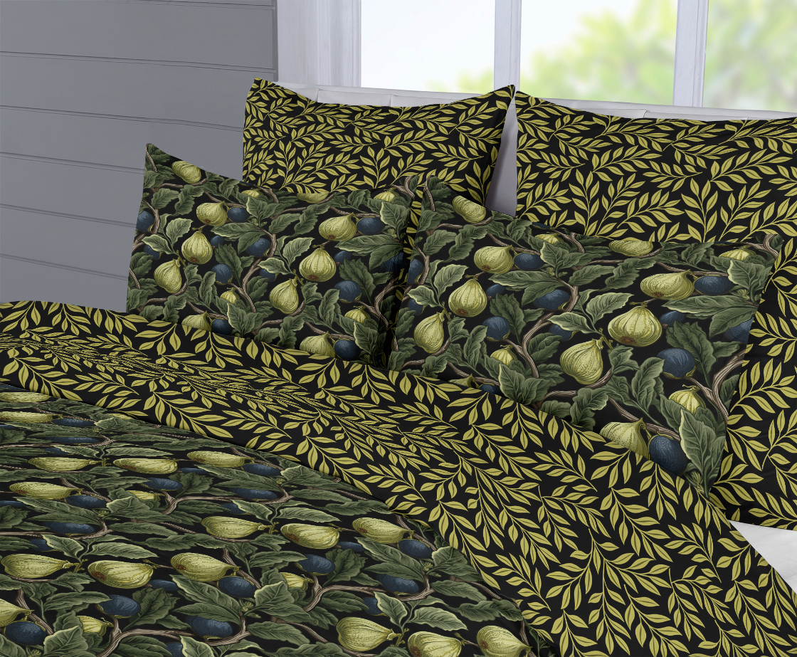 5 Piece Reversible Duvet Cover Set | Cotton Blend | Green Figs - William Morris Inspired Collection