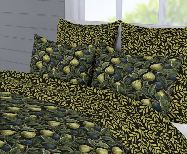 5 Piece Reversible Duvet Cover Set | Cotton Blend | Green Figs - William Morris Inspired Collection