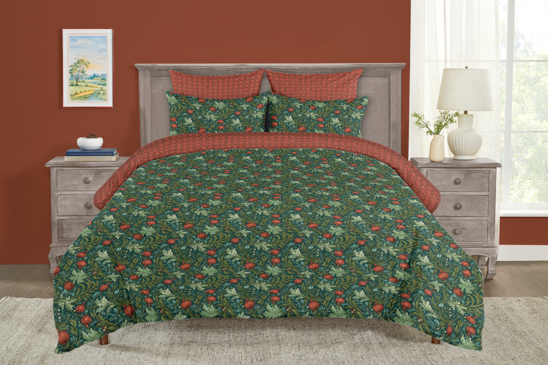 5 Piece Reversible Duvet Cover Set | Cotton Blend | Pomegranate - William Morris Inspired Collection