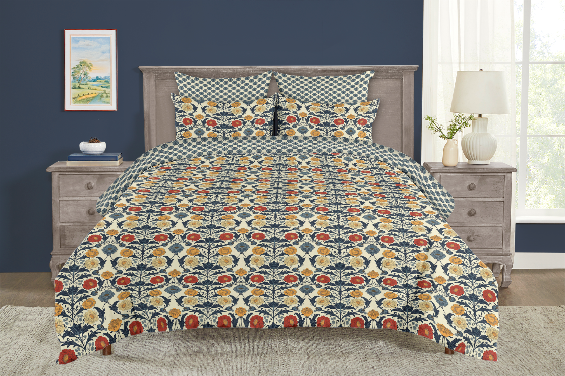 5 Piece Reversible Duvet Cover Set | Cotton Blend | Primary Bouquet - William Morris Inspired Collection